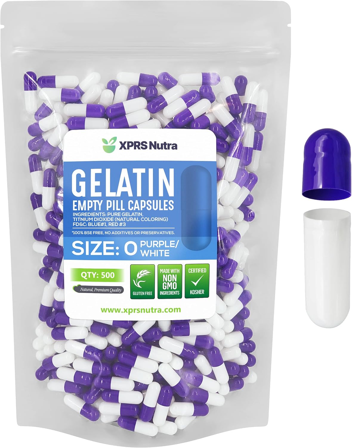 XPRS Nutra Cápsulas Vacías de Gelatina Tamaño 0 - 500 Unidades - Morado/Blanco