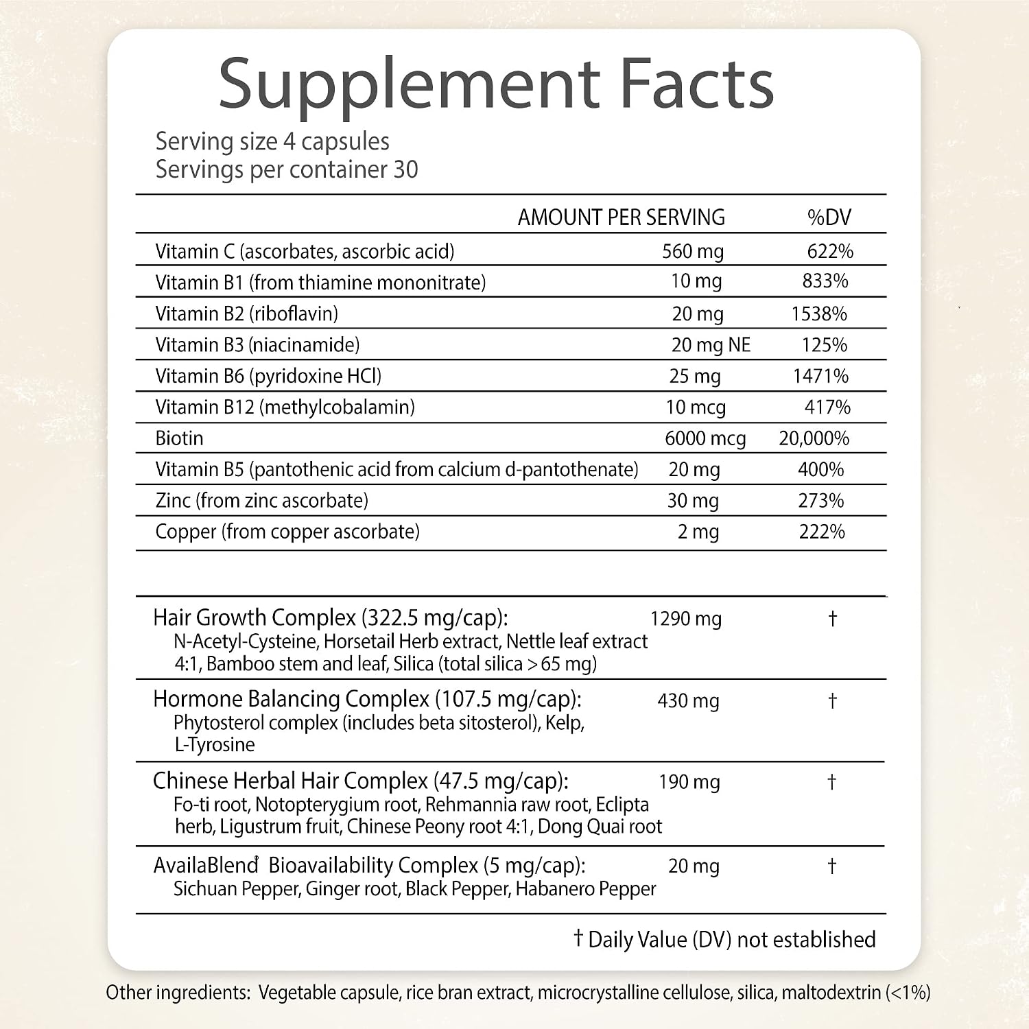 RidgeCrest Herbals Hair ReVive - Suplemento Capilar con Biotina, Vitamina C, Zinc y Cobre (120 Cápsulas, 30 Días)