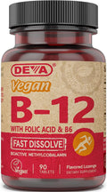 Deva Vitamina B12 Vegana de Disolución Rápida - 1000 mcg Metilcobalamina con Ácido Fólico y B6 - Sabor Limón - 90 Comprimidos