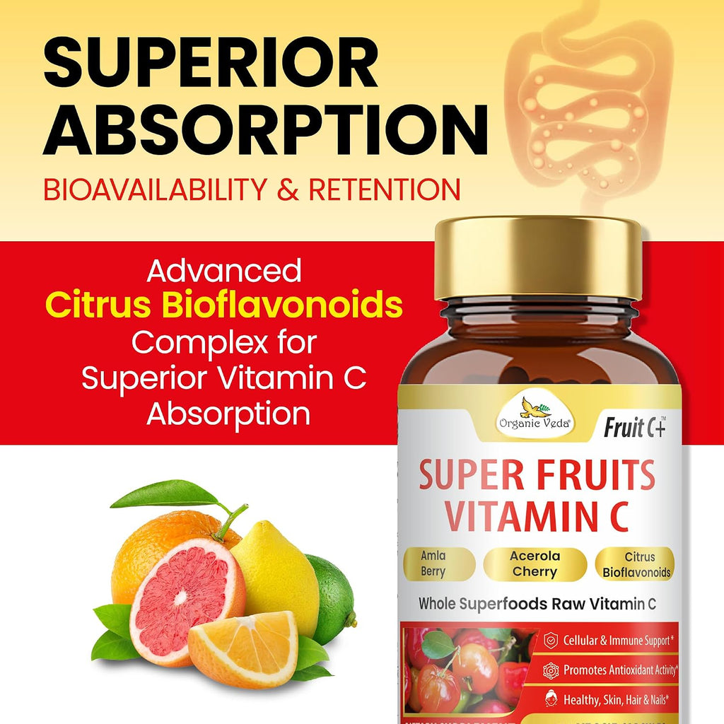 Organic Veda Super Fruits Vitamina C - Amla y Acerola con Bioflavonoides - 120 Cápsulas Veganas