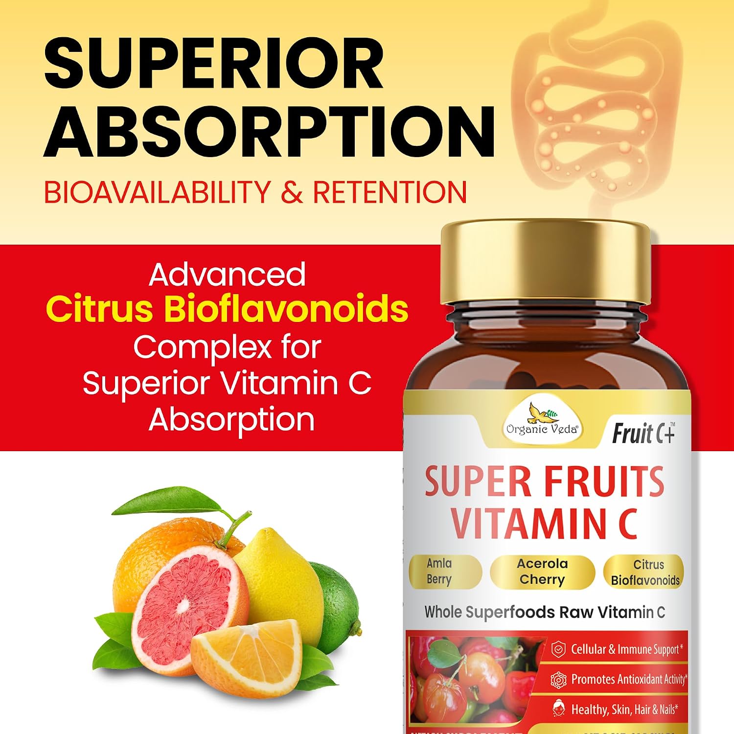 Organic Veda Super Fruits Vitamina C - Amla y Acerola con Bioflavonoides - 120 Cápsulas Veganas
