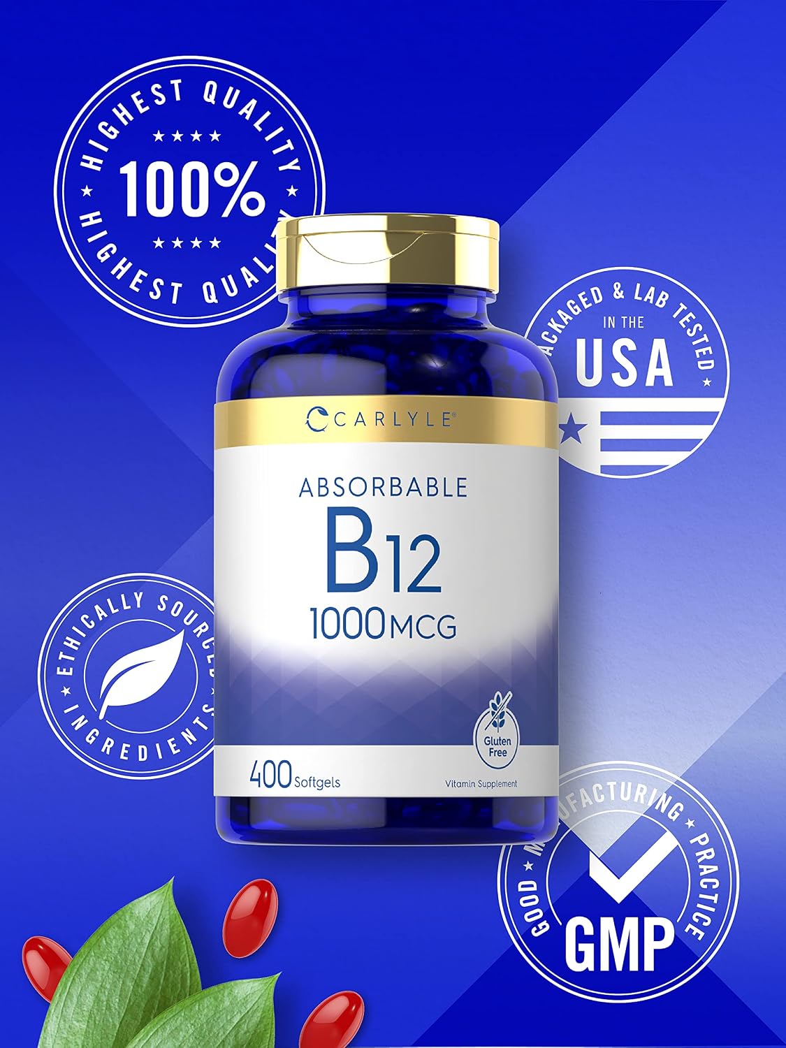 Carlyle Vitamina B12 1000 mcg Absorbible | 400 Cápsulas Blandas | Sin Gluten y No-GMO