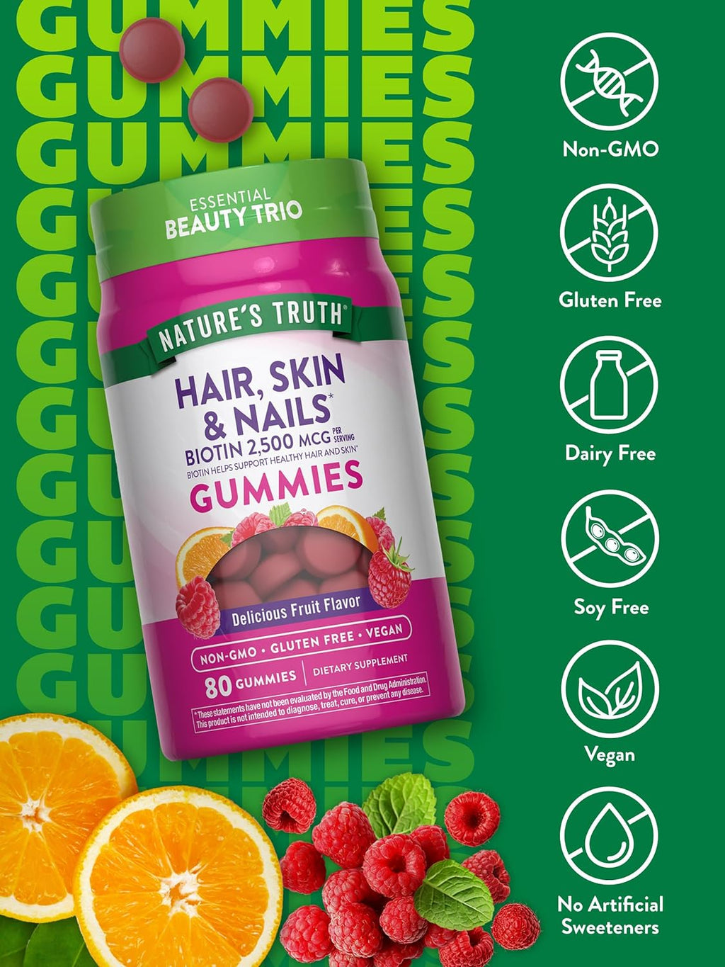 Nature's Truth Gominolas para Cabello, Piel y Uñas | 80 Gominolas | 2500mcg de Biotina | Vegano, Sin Gluten | Suplemento para Mujeres y Hombres