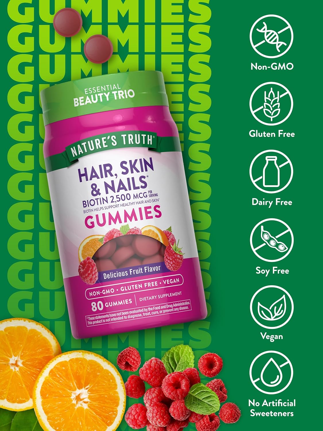 Nature's Truth Gominolas para Cabello, Piel y Uñas | 80 Gominolas | 2500mcg de Biotina | Vegano, Sin Gluten | Suplemento para Mujeres y Hombres
