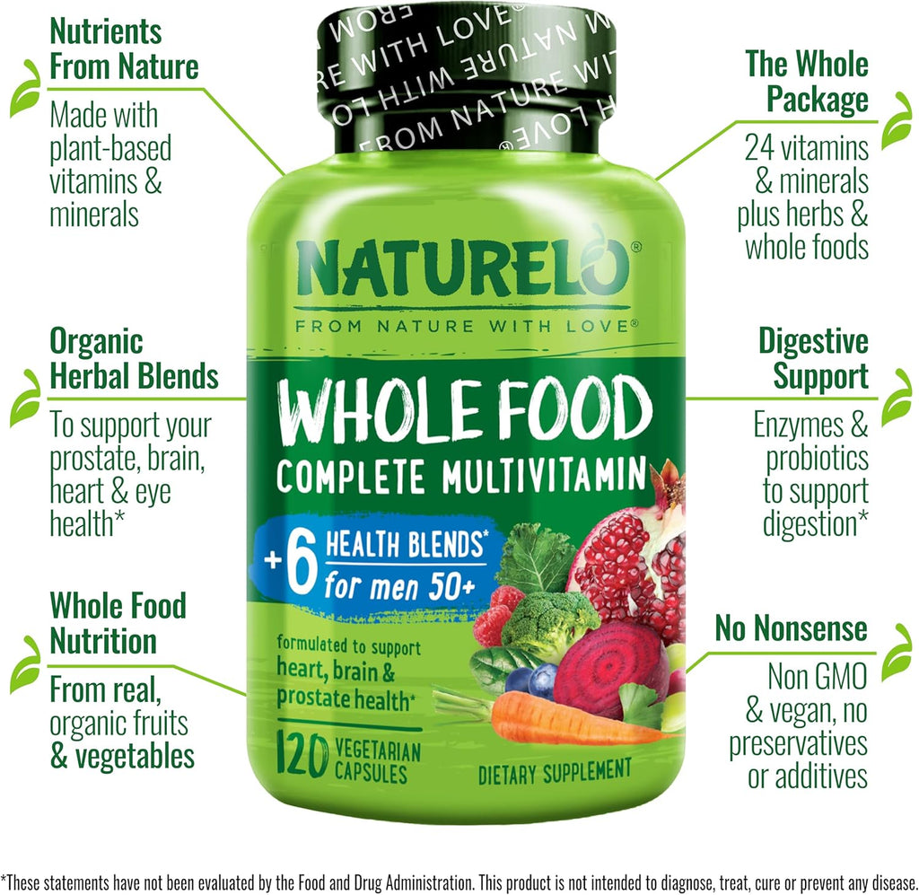 NATURELO Multivitamínico Completo para Hombres 50+ - 120 Cápsulas - Vegano - con Vitaminas, Minerales y Extractos Herbales Orgánicos
