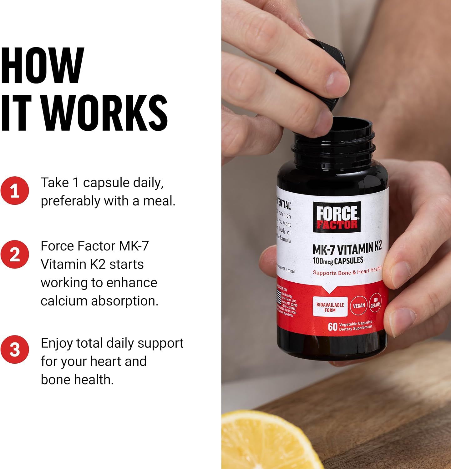 Force Factor MK-7 Vitamina K2 100mcg - Suplemento para Huesos y Corazón, Vegano, No-GMO, 60 Cápsulas Vegetales