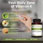 Pure Nutrition Vitamin K Complex K1 + K2 | 2250 mcg | 120 Comprimidos