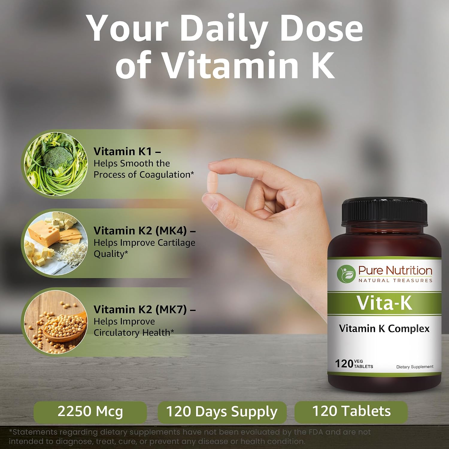 Pure Nutrition Vitamin K Complex K1 + K2 | 2250 mcg | 120 Comprimidos