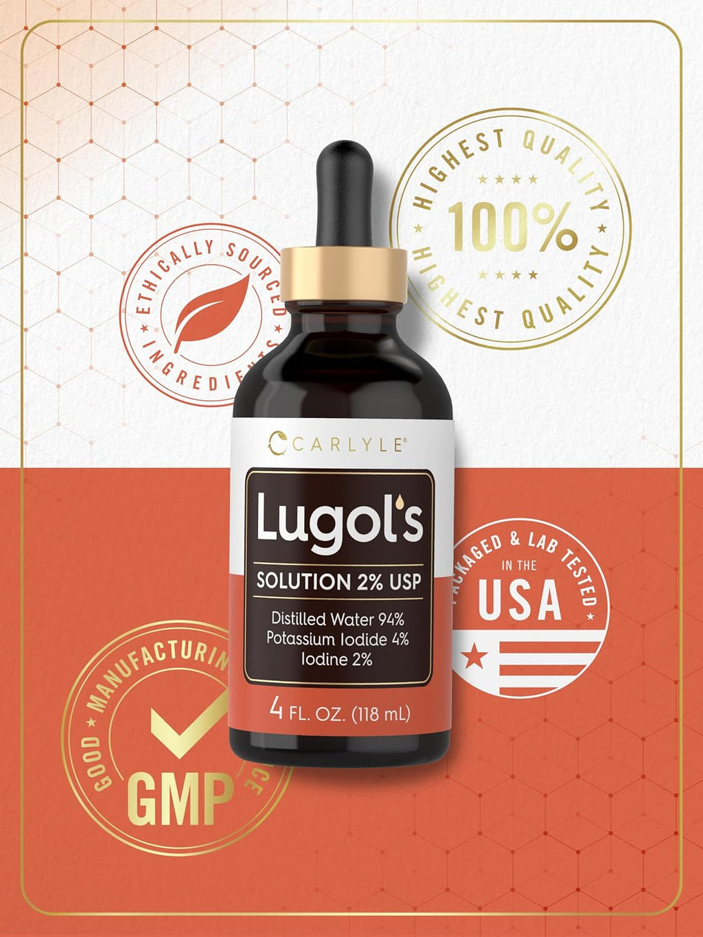 Carlyle Lugols Iodine 2% | Solución de Yodo y Yoduro Potásico | 118 ml (4 fl oz)