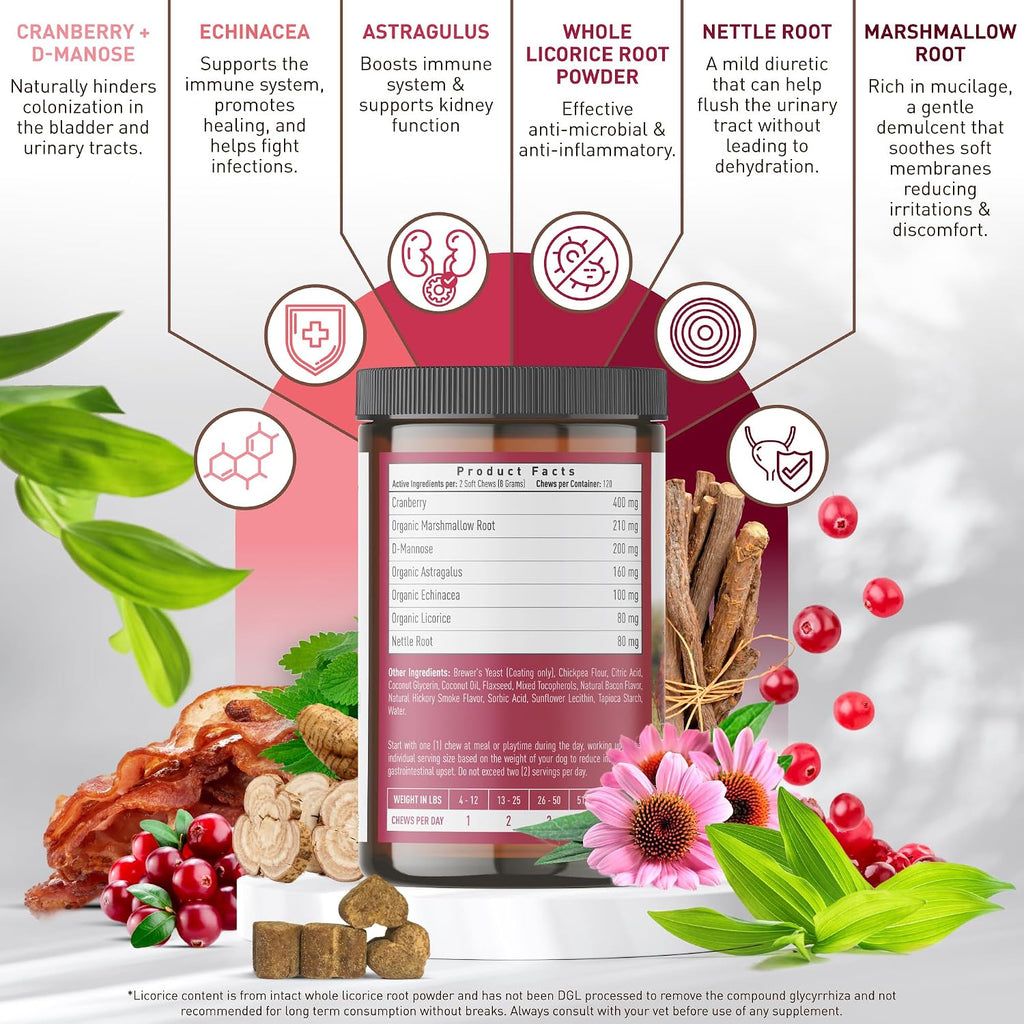 Strawfield Pets Cranberry Bladder & UTI Chews para Perros con D-Mannosa + Vitamina C - Snacks Blandos Sabor Bacon (120 unidades)