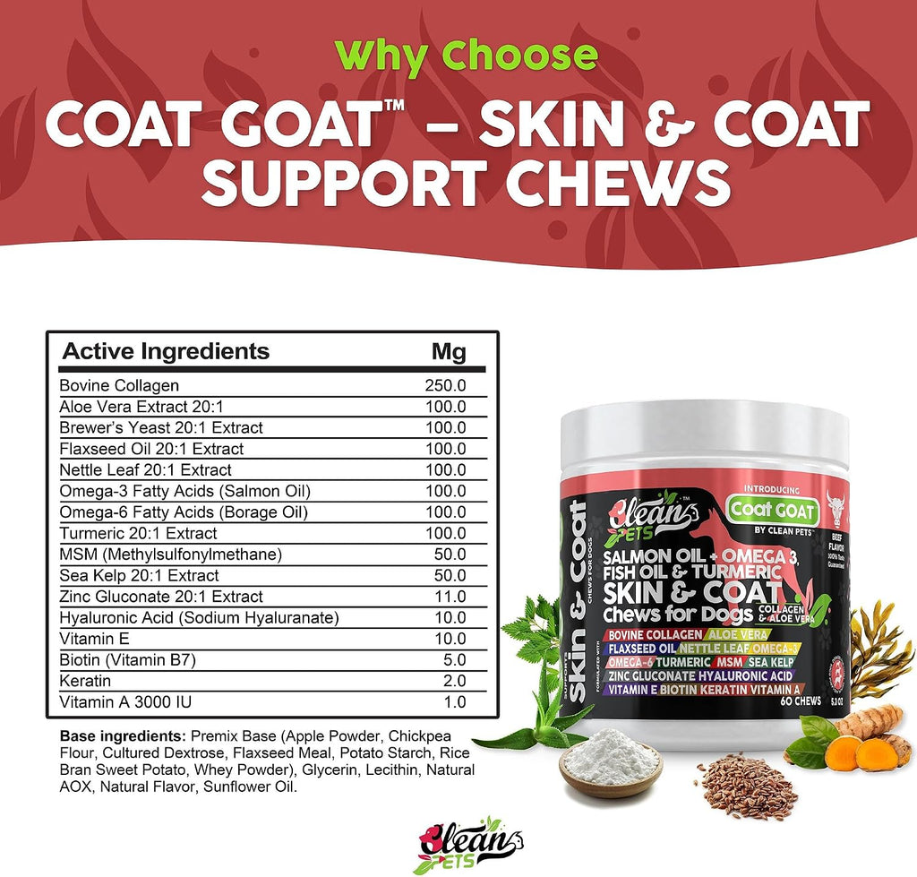 Clean Pets Aceite de Salmón Omega 3 para Perros con Colágeno, Aloe Vera, Biotina y Queratina - Suplemento para Piel y Pelaje
