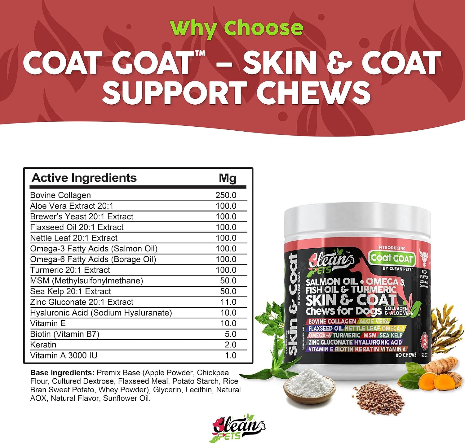 Clean Pets Aceite de Salmón Omega 3 para Perros con Colágeno, Aloe Vera, Biotina y Queratina - Suplemento para Piel y Pelaje