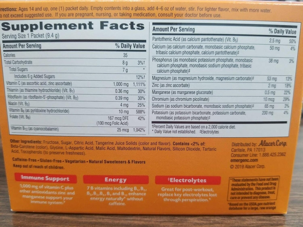 Emergen-C Vitamina C Sabor Mandarina Mezcla para Bebida 30 Sobres