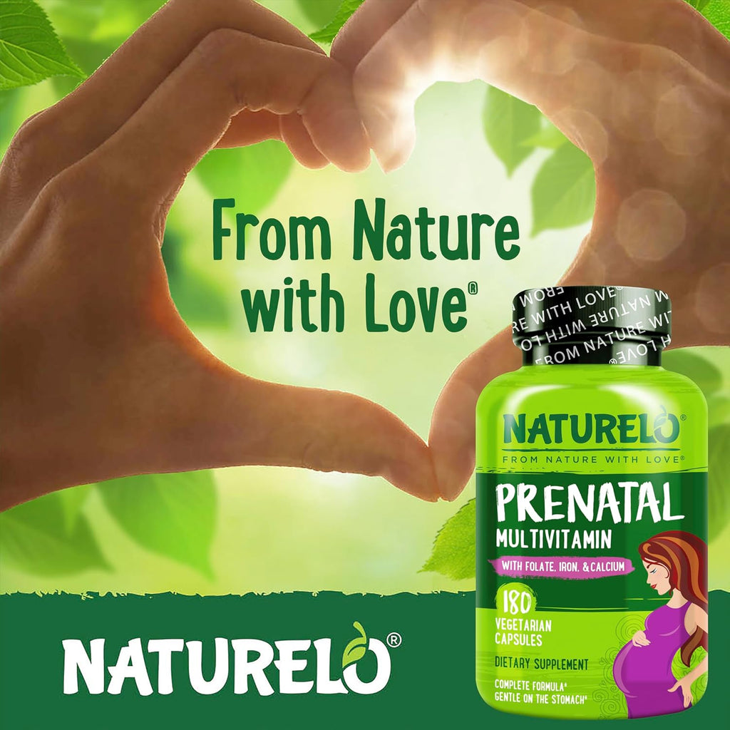 NATURELO Prenatal Multivitamin with Gentle Chelated Iron, Methyl Folate, Plant Calcium & Choline – 180 Cápsulas (Pack de 2)