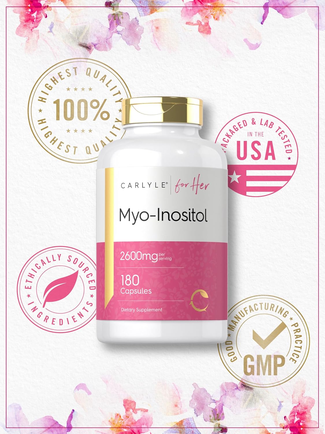 Carlyle Myo-Inositol 2600 mg - 180 Cápsulas - Suplemento para Mujer - No Transgénico, Sin Gluten