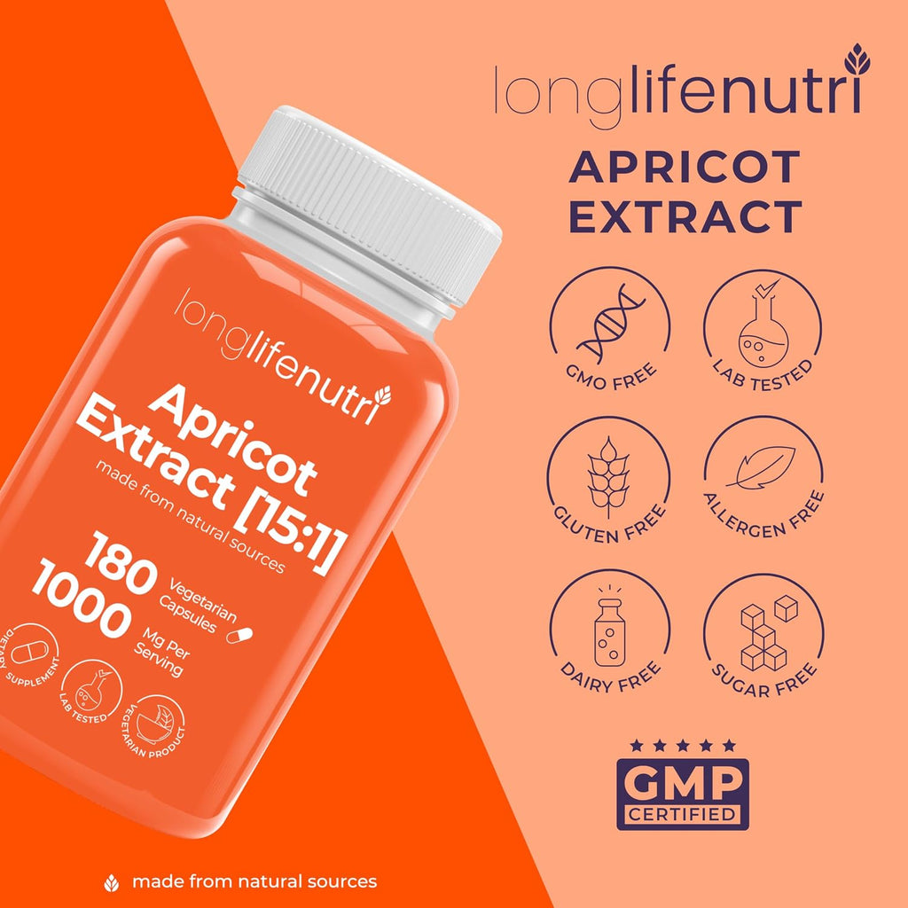 LongLifeNutri Extracto de Albaricoque - Fórmula Avanzada, 1000mg por dosis, 180 Cápsulas Vegetales, 3 Meses de Suministro, No-GMO
