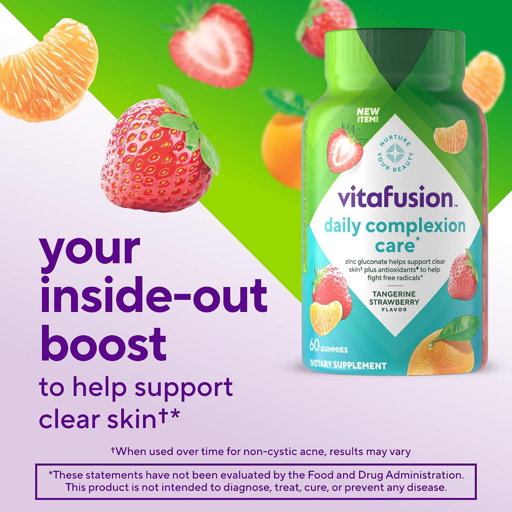 vitafusion Daily Complexion Care - Gomitas de Cuidado de la Piel con Zinc, Vitaminas C y E - Sabor Mandarina Fresa - 60 unidades