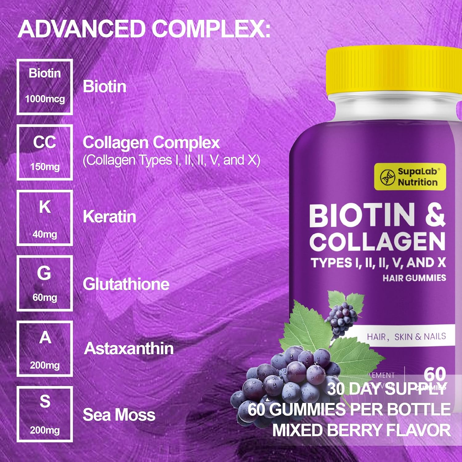MEGNETA Biotin with Collagen Gummies - Gominolas de Biotina con Colágeno para Piel, Cabello, Uñas, Articulaciones y Huesos, Sabor Pomelo, 180 Gominolas
