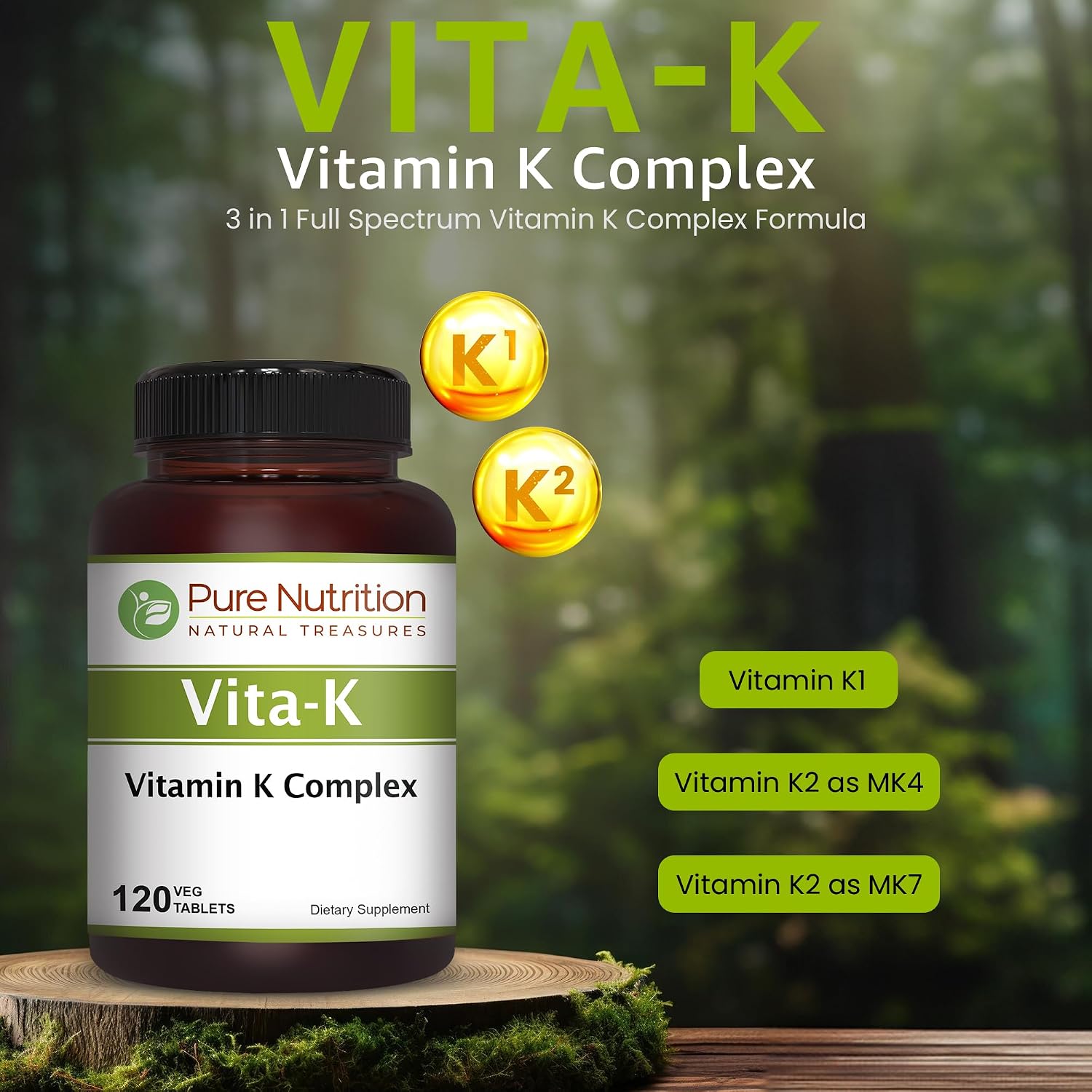 Pure Nutrition Vitamin K Complex K1 + K2 | 2250 mcg | 120 Comprimidos