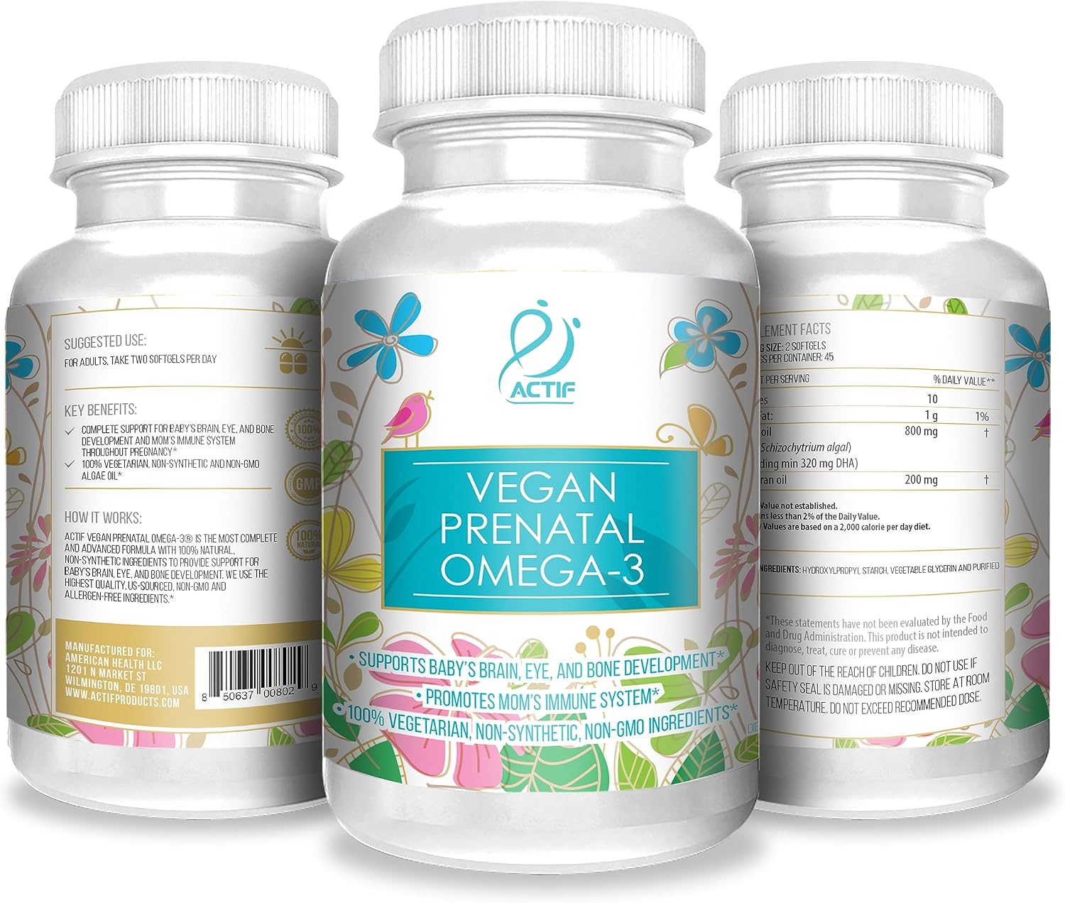 Actif Omega-3 Prenatal Vegano Orgánico con Aceite de Algas, 90 Cápsulas