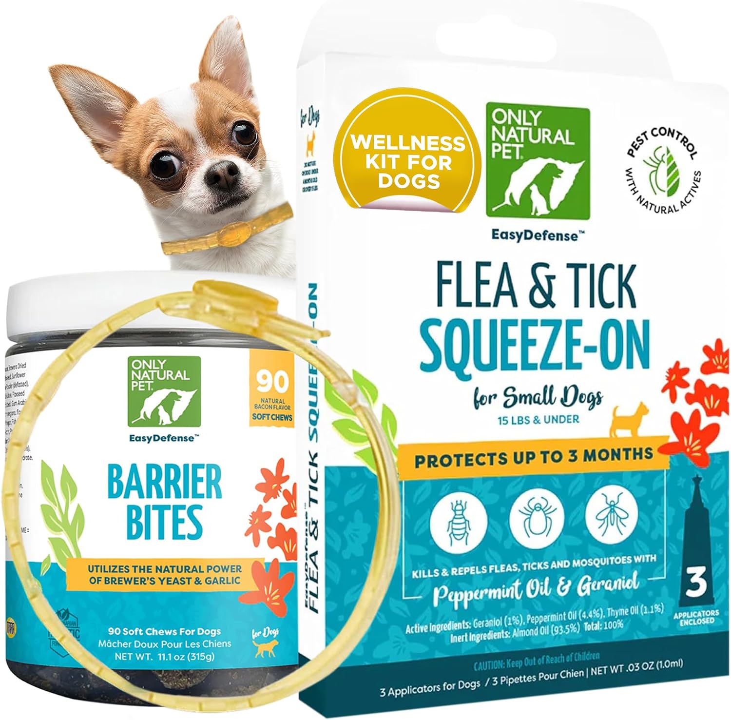 Only Natural Pet Kit de Bienestar 3 en 1 para Perros Pequeños – Incluye Squeeze-On, Barrier Bites y Collar Protector