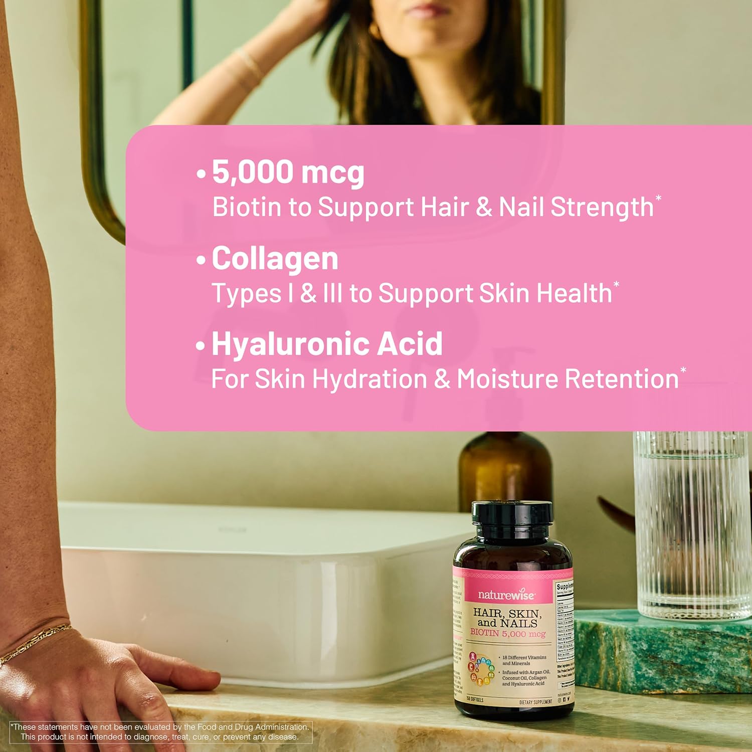 NatureWise Vitamina para Cabello, Piel y Uñas, Biotina 5000mcg con Ácido Hialurónico, Colágeno, Vitaminas C, Complejo B, D3, A, E y Hierro - No OGM, Sin Gluten - 270 Cápsulas Blandas (Suministro para 3 Meses)