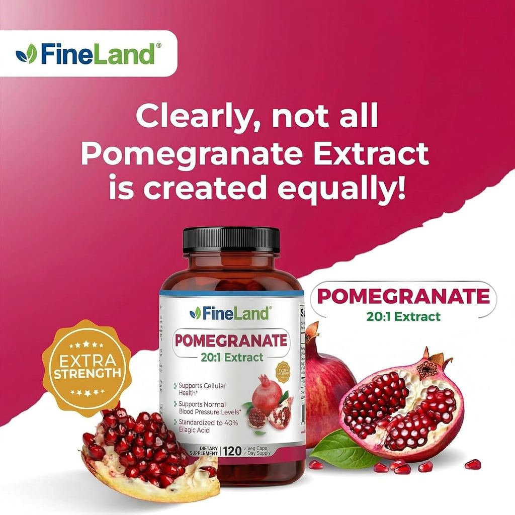 FineLand Extracto de Granada 20:1, 40% Ácido Elágico Estandarizado, Suplemento Antioxidante, 120 Cápsulas Veganas