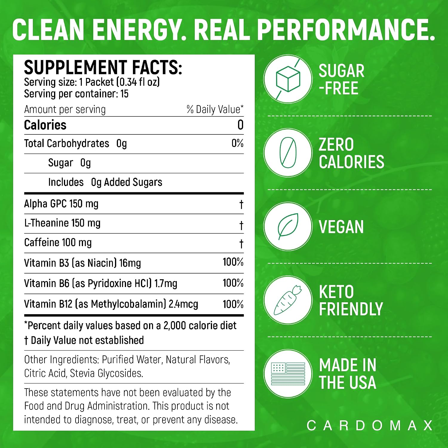 CardoMax Max Clarity - Suplemento Nootrópico Líquido con Alpha GPC, L-Teanina y Cafeína - 15 Stick Packs - Sabor a Bayas Mixtas