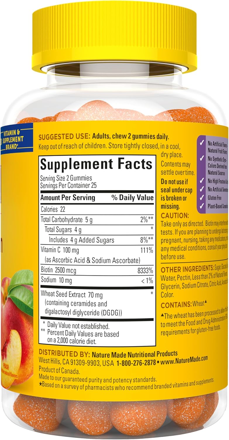 Nature Made Gominolas de Hidratación para la Piel con Ceramidas de Origen Vegetal, Biotina y Vitamina C, 50 Gominolas (25 Días)