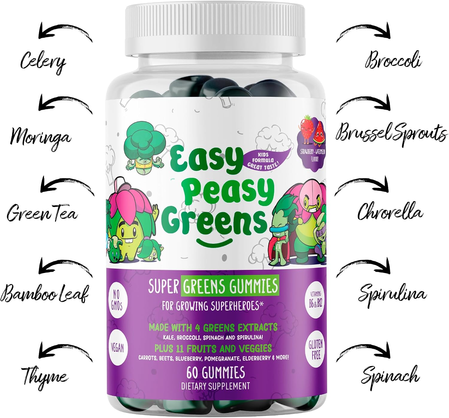 EasyPeasyGreens Daily Veggie Gummies para Niños - 60 Gominolas de Verduras Veganas