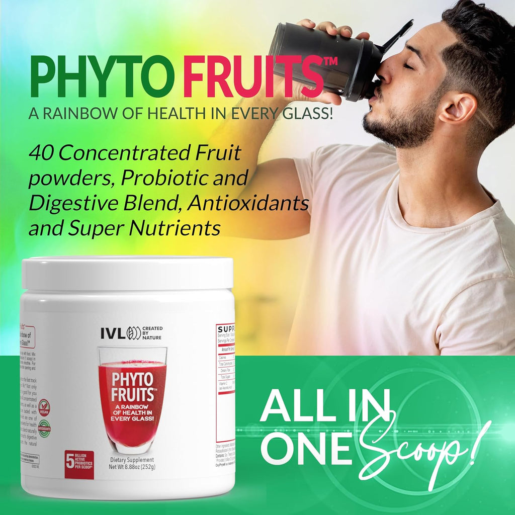 IVL Phyto Fruits Superfood Powder - 40 Frutas y Nutrientes + 6 Probióticos (252g, 30 raciones)