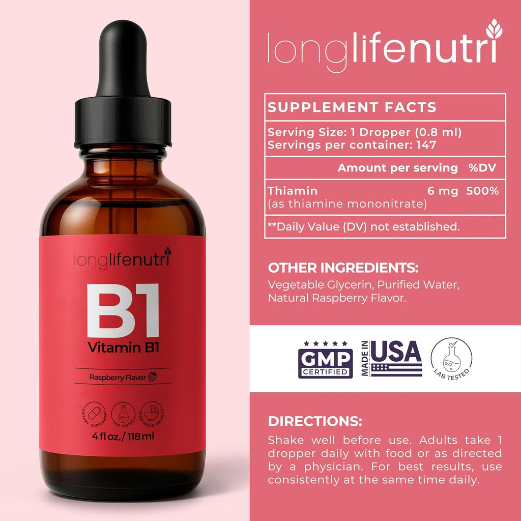 LongLifeNutri Vitamina B1 Gotas Líquidas - Tiamina Mononitrato para Energía y Salud Nerviosa, Absorción Rápida, 118 ml, 5 Meses de Suministro
