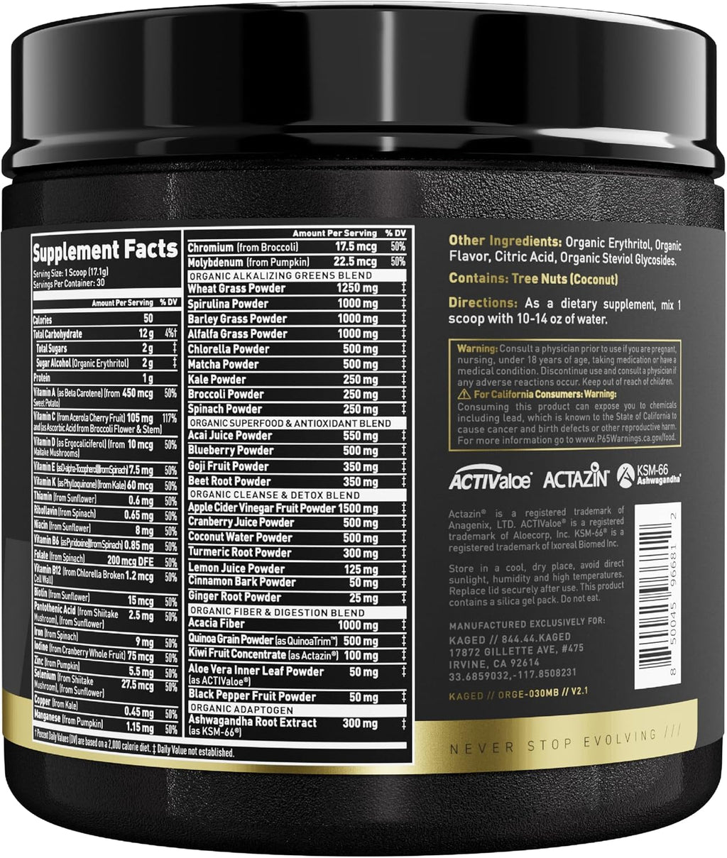 Kaged Organic Greens Elite, Superfood and Greens Powder with Apple Cider Vinegar, Adaptogen, Prebiotics, Vitamins & Minerals, Berry, 30 Servings