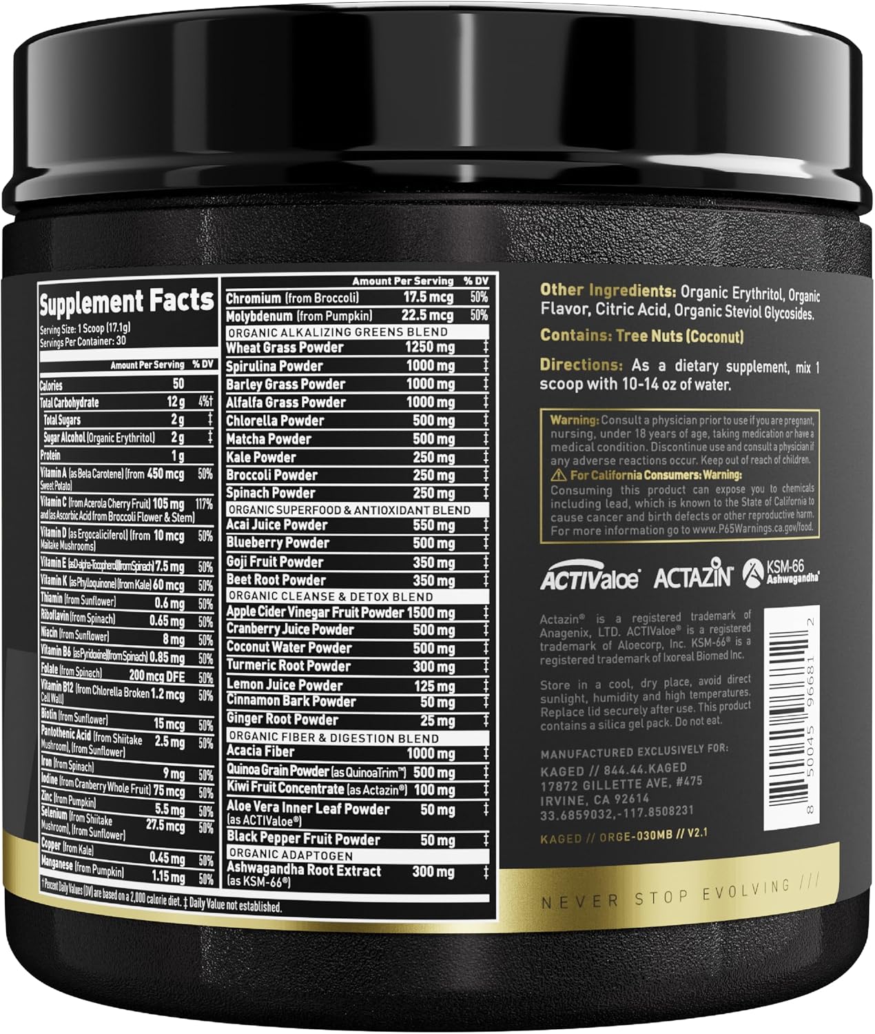 Kaged Organic Greens Elite, Superfood and Greens Powder with Apple Cider Vinegar, Adaptogen, Prebiotics, Vitamins & Minerals, Berry, 30 Servings