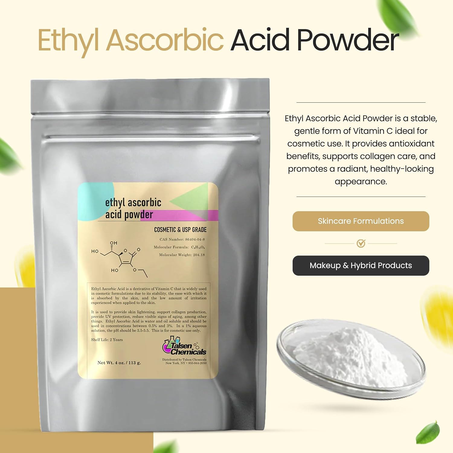 Talsen Chemicals Ácido Ascórbico de Etilo en Polvo - Derivado de Vitamina C Estable (56 g)