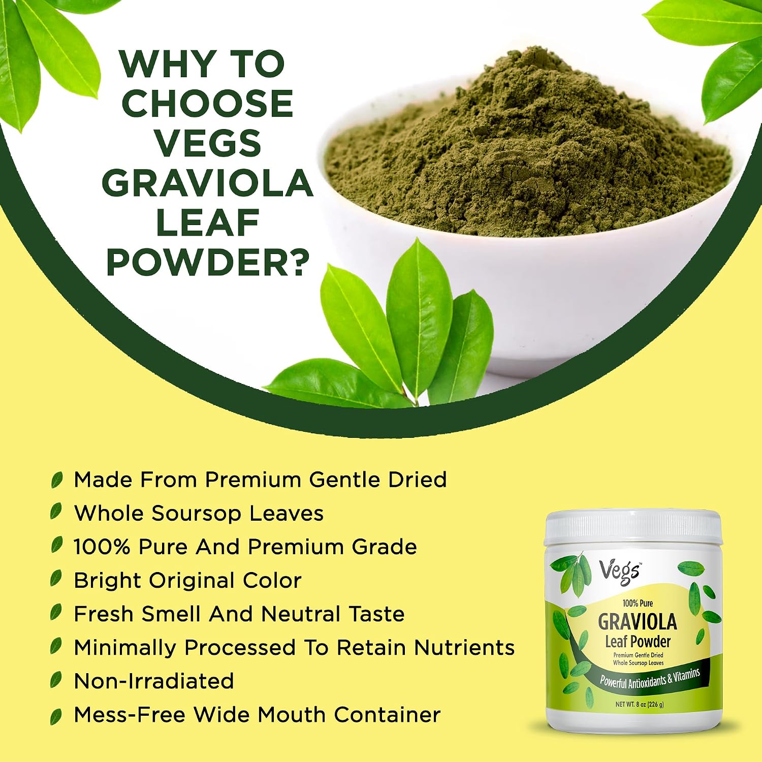 Vegs Graviola Soursop Leaf Powder - Polvo de Hojas de Graviola Orgánico, 8 oz (227 g)