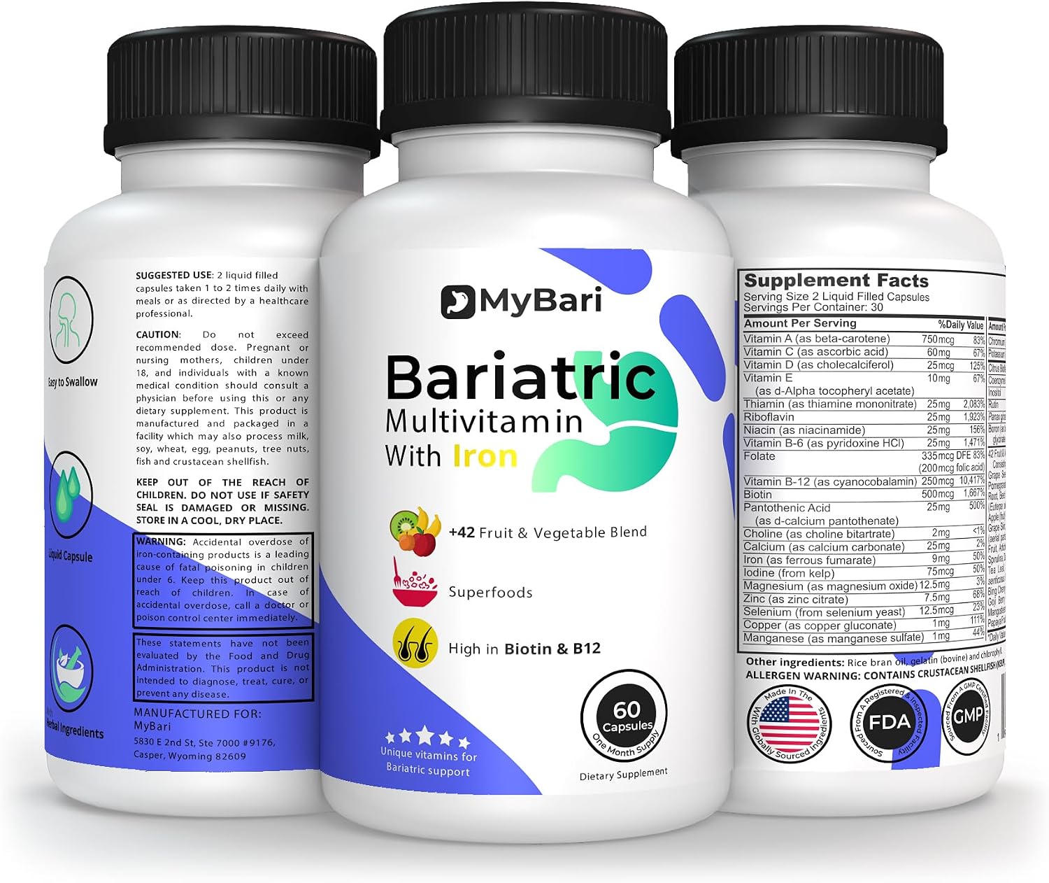 MyBari Multivitamínico Bariátrico Completo con Hierro - 60 Cápsulas Líquidas