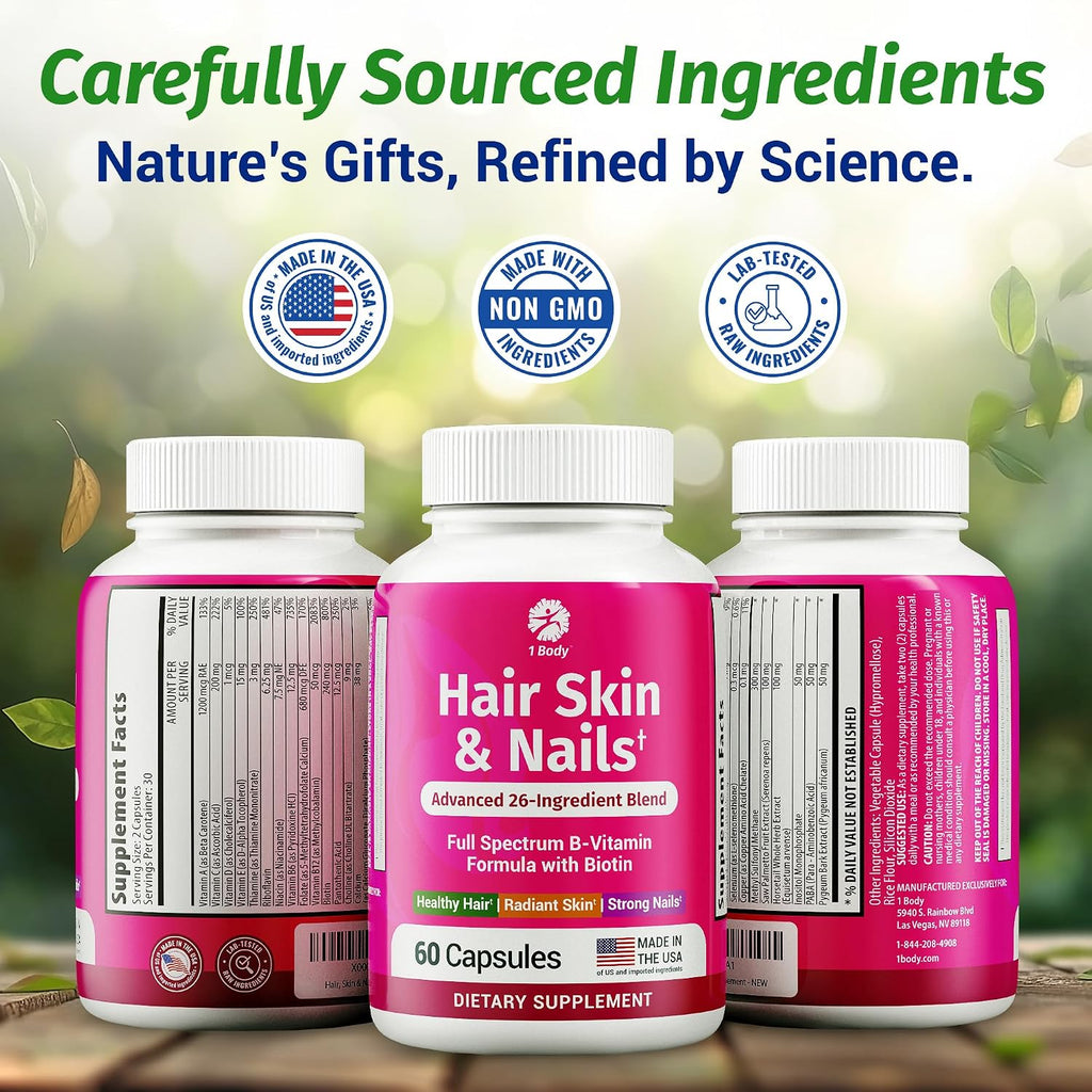 1 Body Hair, Skin, & Nails with Biotin, Vegan Vitamins, 60 Capsules