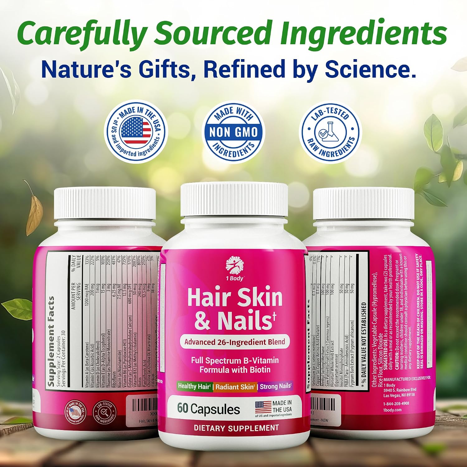 1 Body Hair, Skin, & Nails with Biotin, Vegan Vitamins, 60 Capsules