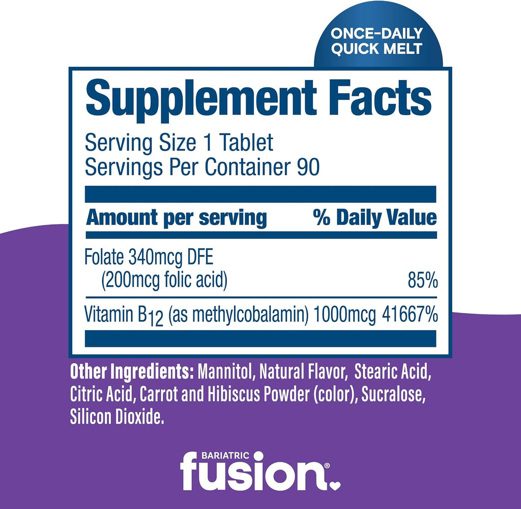 Bariatric Fusion Vitamina B12 Sublingual 1000 mcg - Comprimidos de fusión con sabor a uva y ácido fólico - Metilcobalamina - 90 unidades