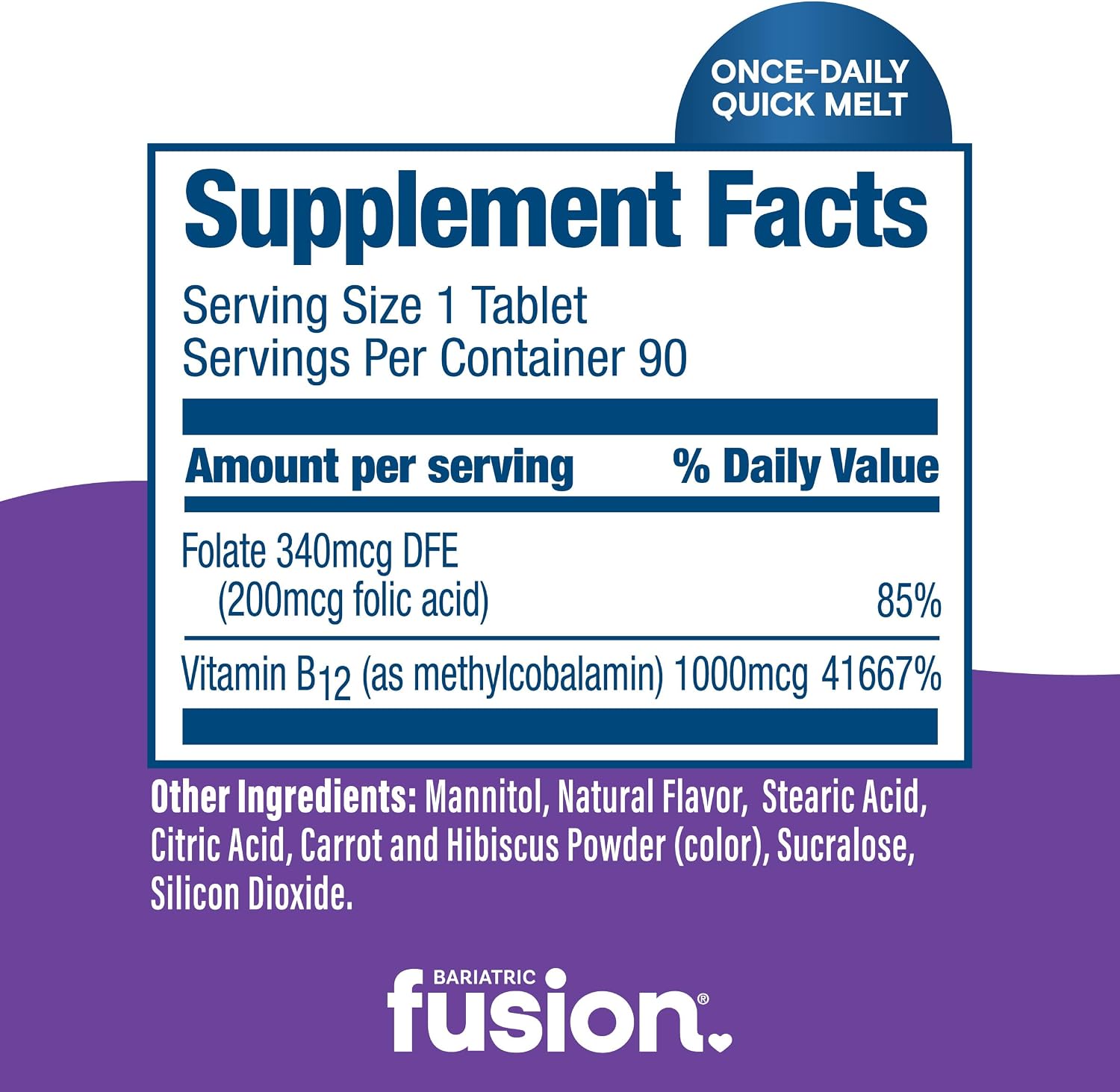Bariatric Fusion Vitamina B12 Sublingual 1000 mcg - Comprimidos de fusión con sabor a uva y ácido fólico - Metilcobalamina - 90 unidades
