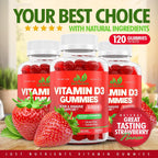 Gomitas de Vitamina D3 5000 UI - Just Nutrients - 120 Gomitas con Sabor a Fresa - Sin Gluten, No GMO
