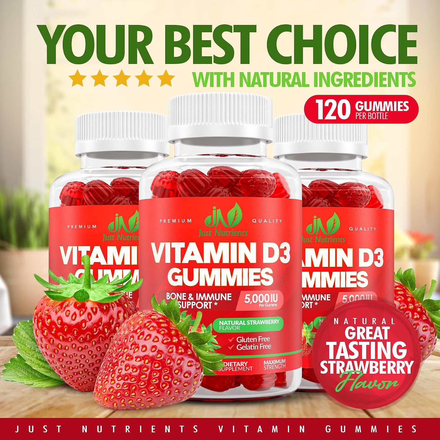 Gomitas de Vitamina D3 5000 UI - Just Nutrients - 120 Gomitas con Sabor a Fresa - Sin Gluten, No GMO