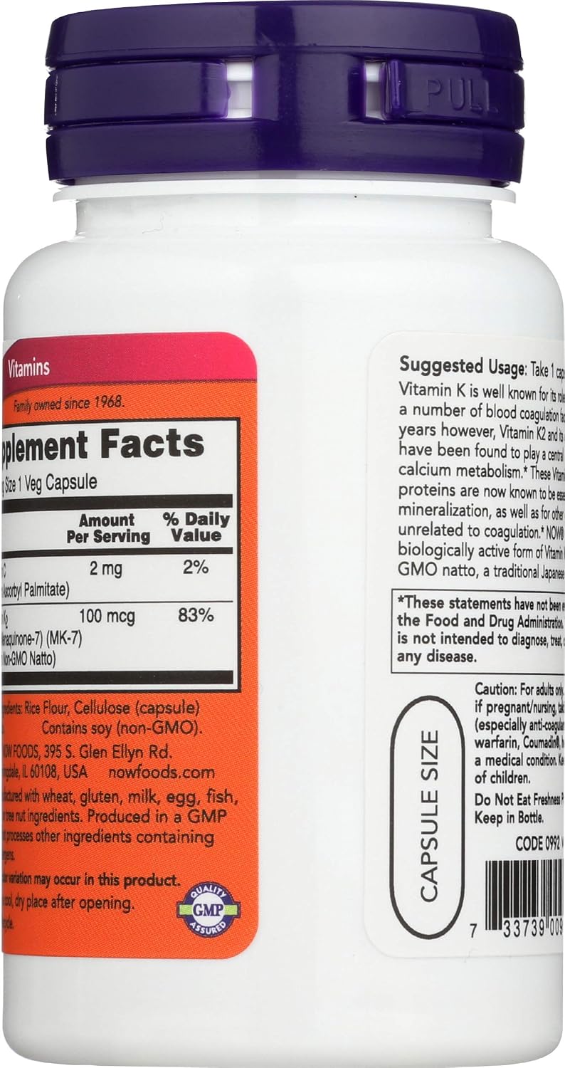 NOW Foods Vitamin K-2 MK-7 100 mcg, 60 Cápsulas Veganas