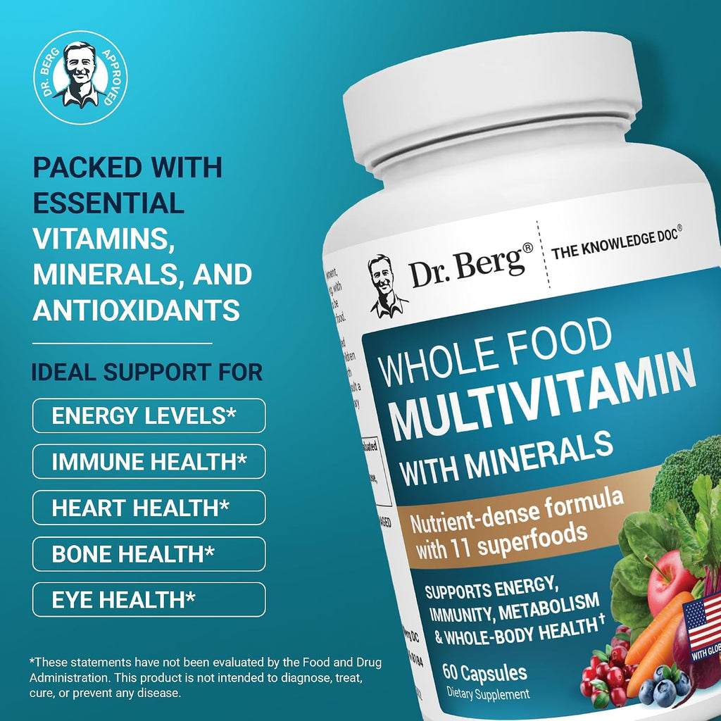Dr. Berg Whole Food Multivitamin con Minerales - Multivitamínico Diario para Hombres y Mujeres - Incluye Mezcla Premium de Frutas y Verduras con Folato, Ácido Alfa Lipoico y Más - 60 Cápsulas