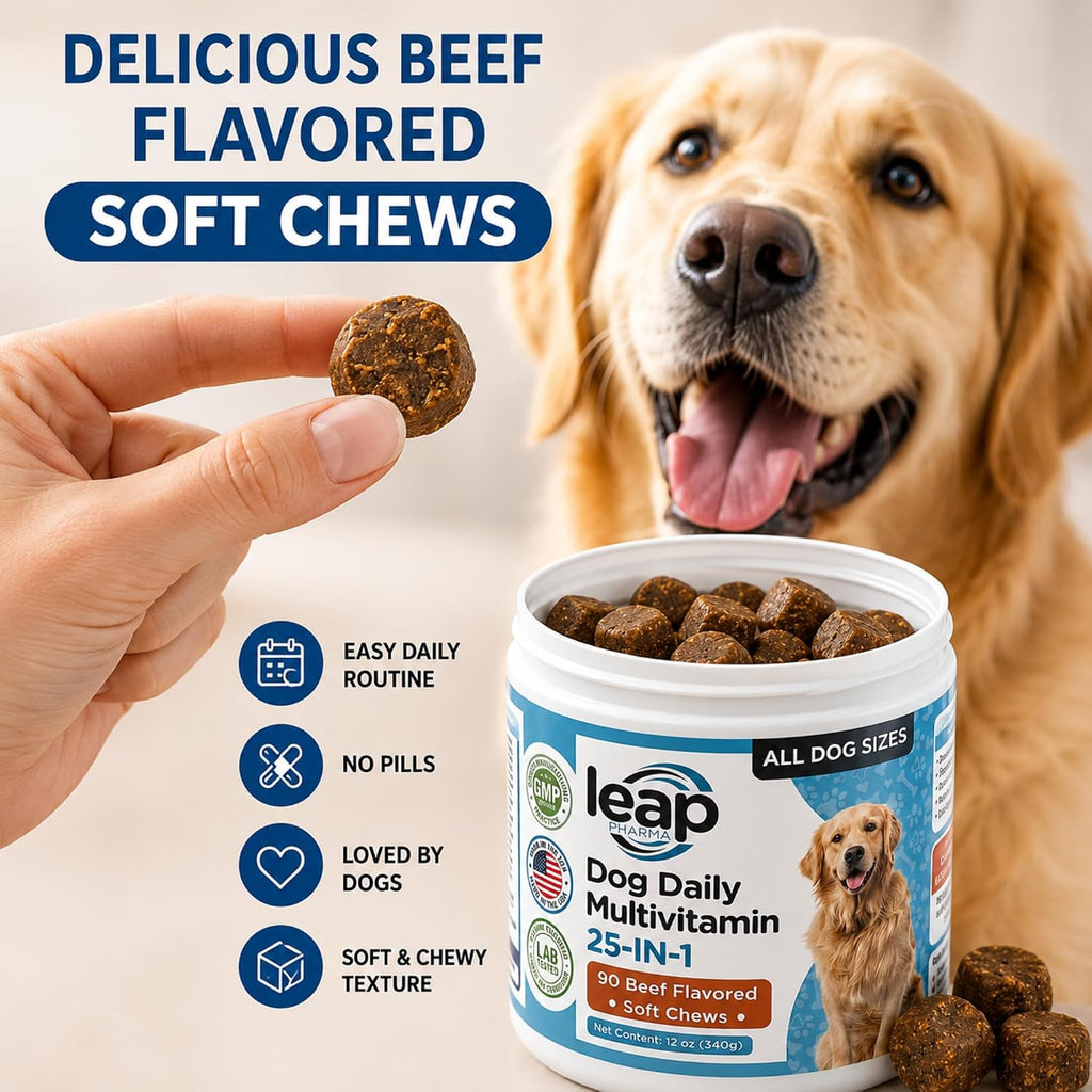 Multivitamínico y Suplemento para Perros con Aceite de Krill, Omega 3,6,9, Pre y Probióticos, Vitaminas Esenciales - Apoyo para Articulaciones, Piel, Pelo, Digestión e Inmunidad (90 Golosinas Blandas)