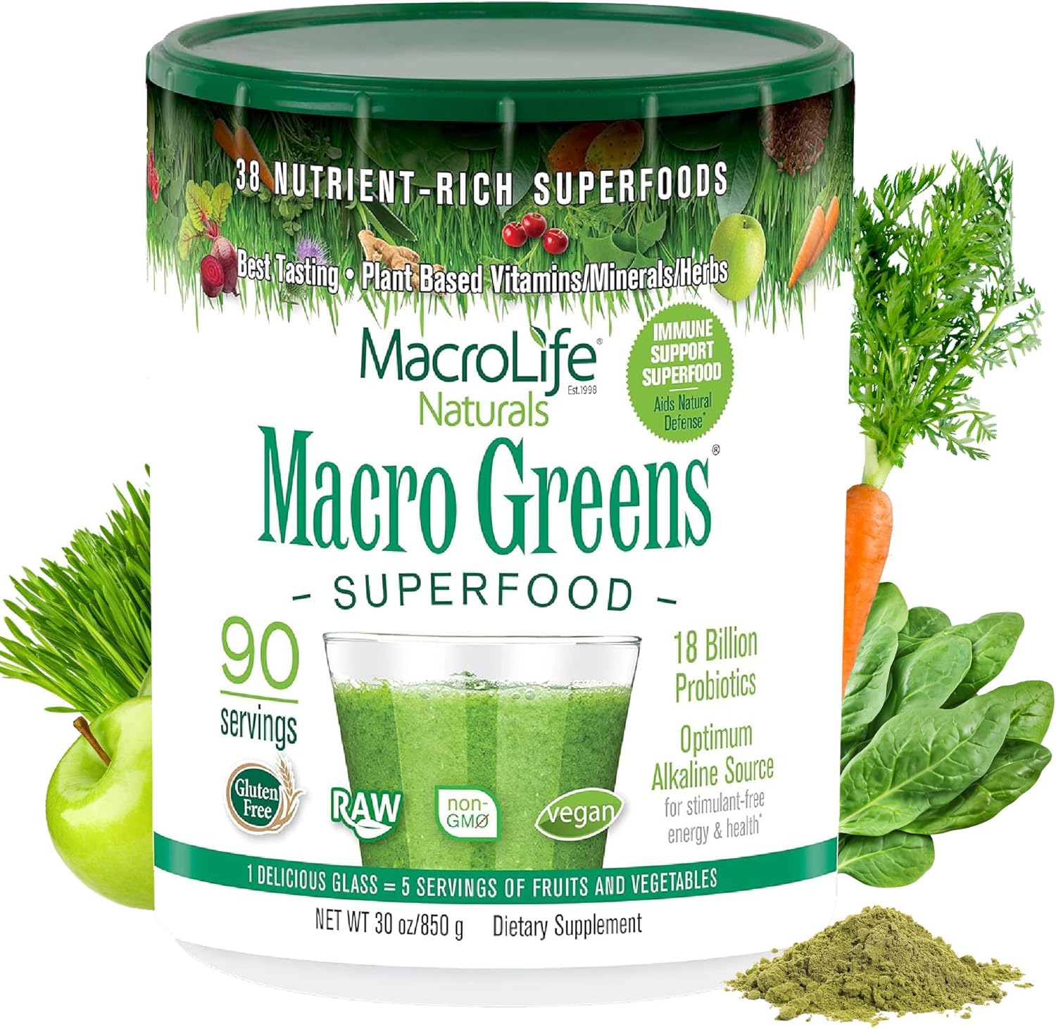 MacroLife Naturals Macro Greens Superfood Powder 30 oz (90 porciones) con 38 superalimentos
