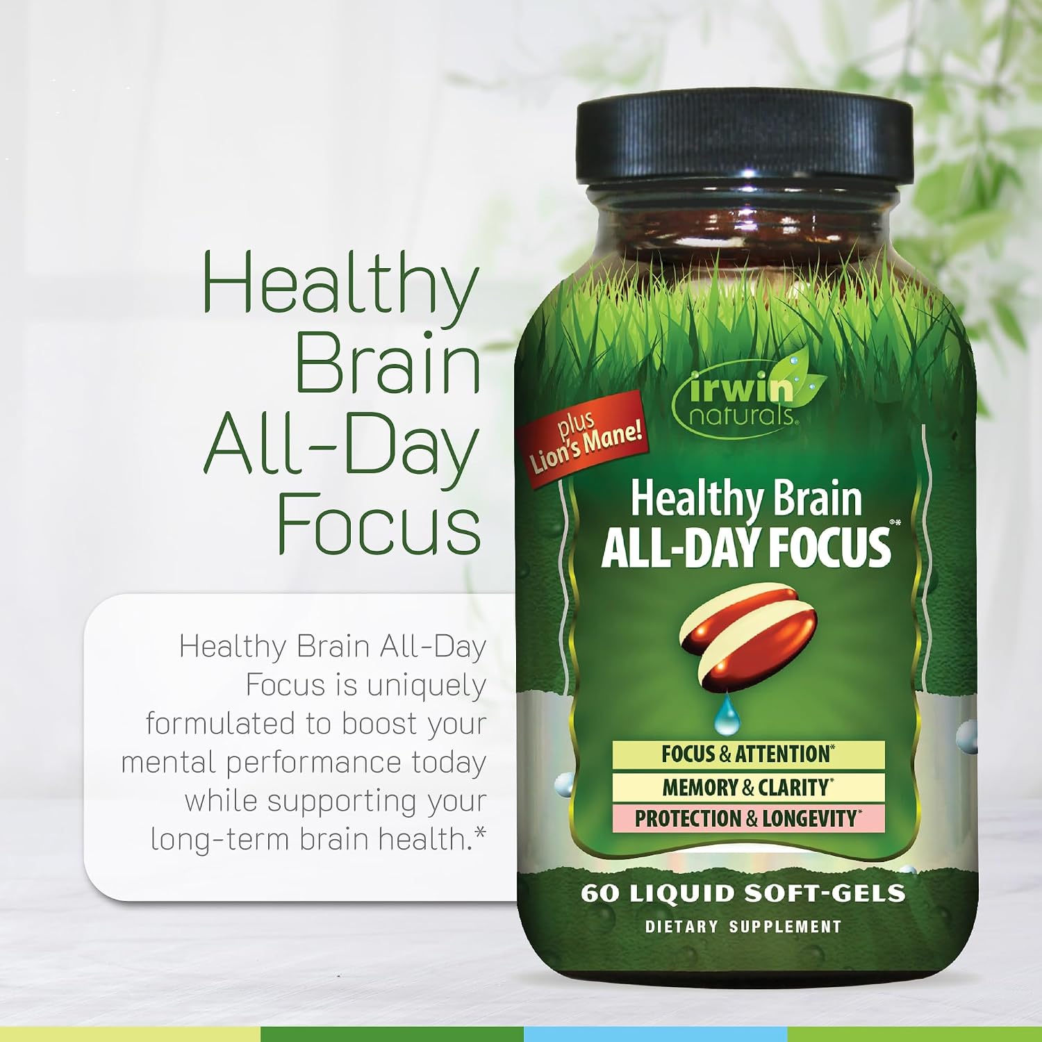 Irwin Naturals Healthy Brain All-Day Focus - Apoyo Nootrópico para la Concentración Diaria, 60 Cápsulas Blandas
