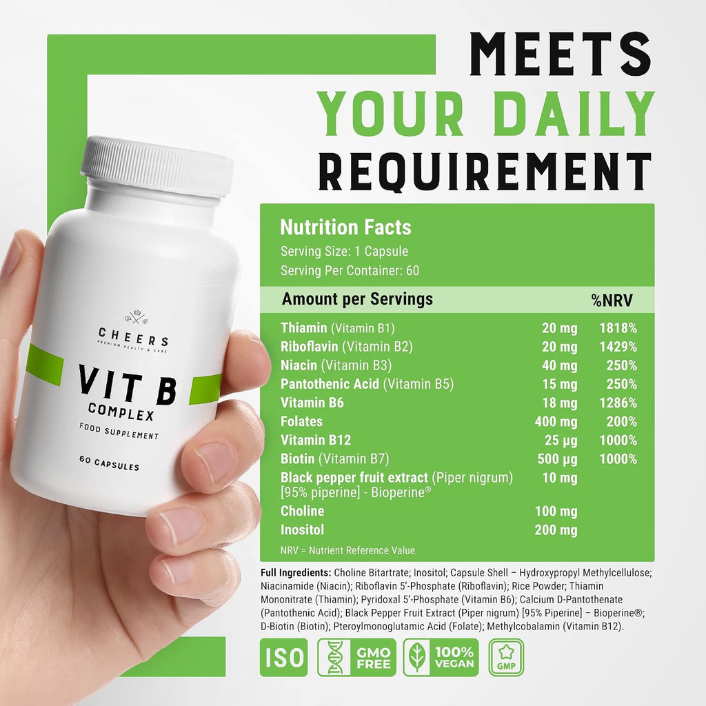 CHEERS Complejo B | 113,5 mg de Vitaminas B (B1, B2, B3, B6, B12) + Inositol y Colina | DRcaps® Plus | 60 Cápsulas Veganas