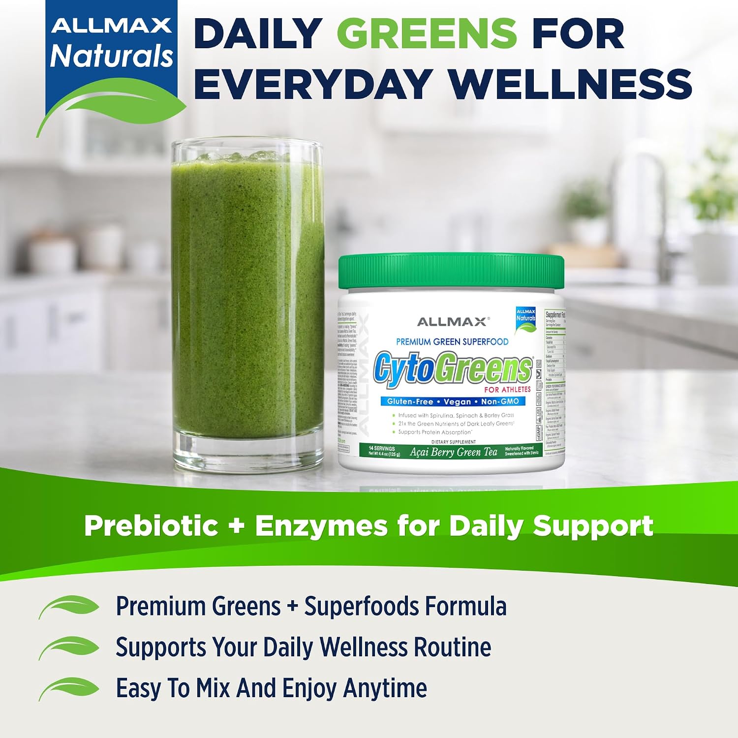 ALLMAX CytoGreens Super Greens Powder, Acai Berry Green Tea, 14 Servicios